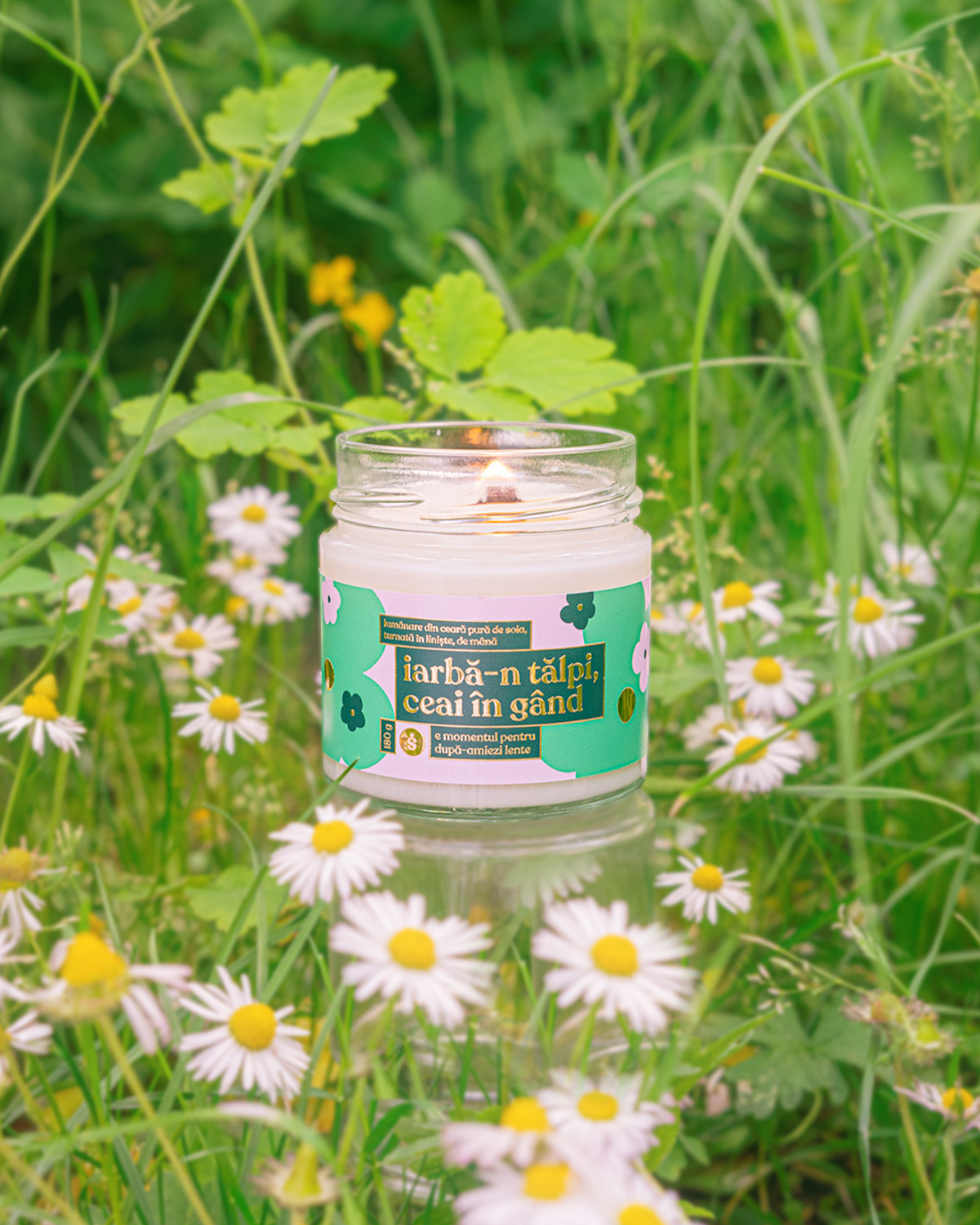 lumânare din ceară de soia cu aroma de ceai verde, trandafir și matcha – Liniște Candles 180g